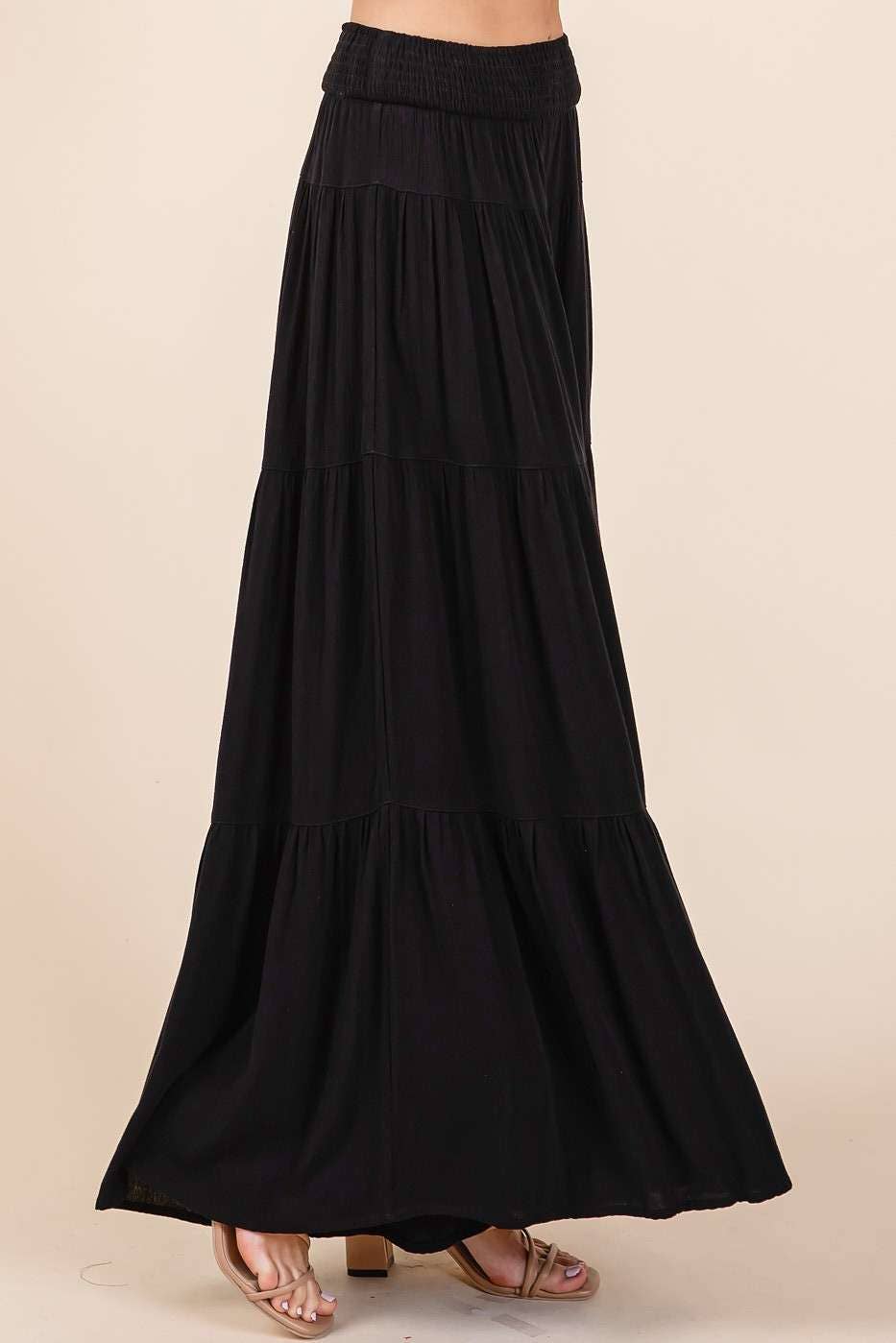 BLACK TIER DETAIL SMOCKED ELASTIC WAIST WIDE LEG PANTS