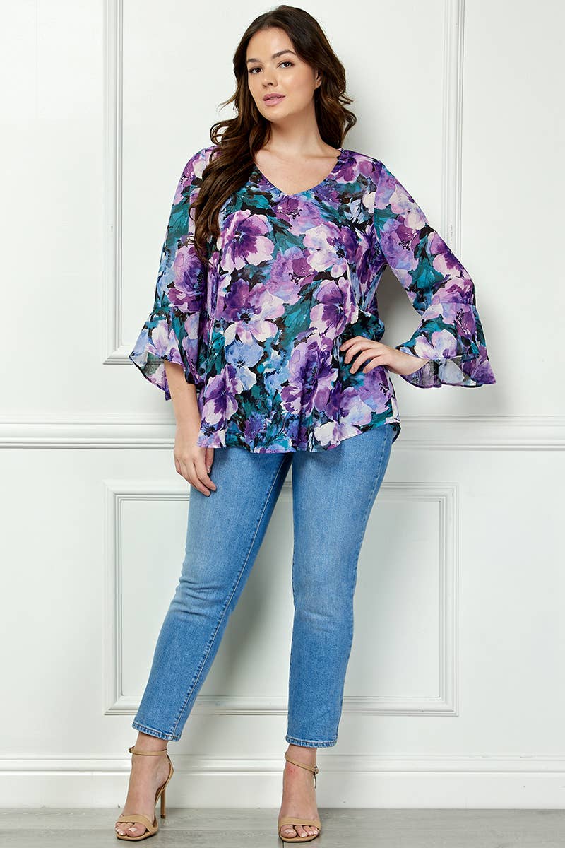 SIZE RUFFLE MISSY & PLUS V-NECK SWING BLOUSE: Navy/Purple/Teal