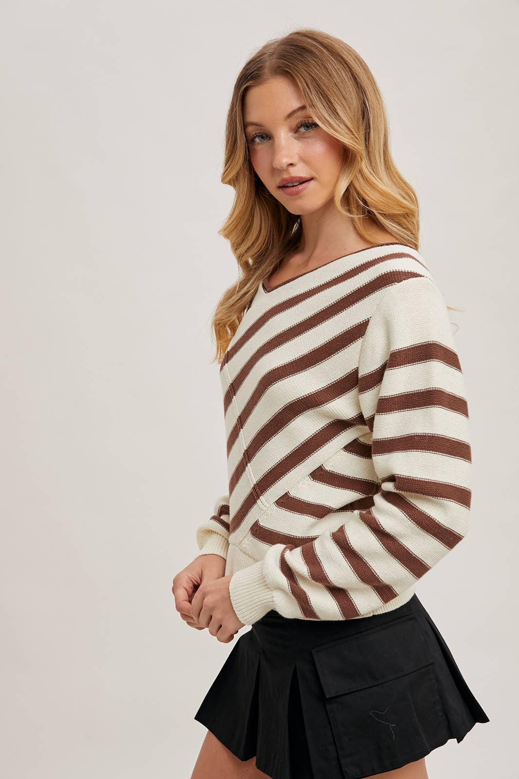 MOCHA STRIPED V NECK WRAP SWEATER