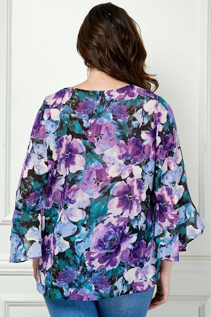 SIZE RUFFLE MISSY & PLUS V-NECK SWING BLOUSE: Navy/Purple/Teal