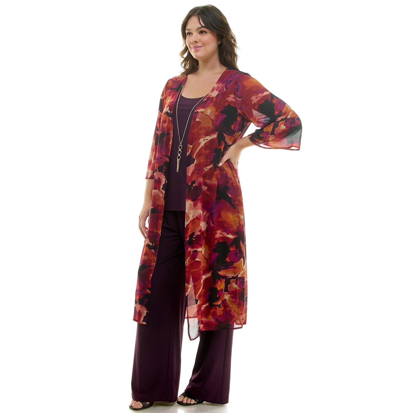 PLUS AND REGULAR SIZE 3PC CARDIGAN TANK, PANT NECKLACE SET: Eggplant/Plum/Rust