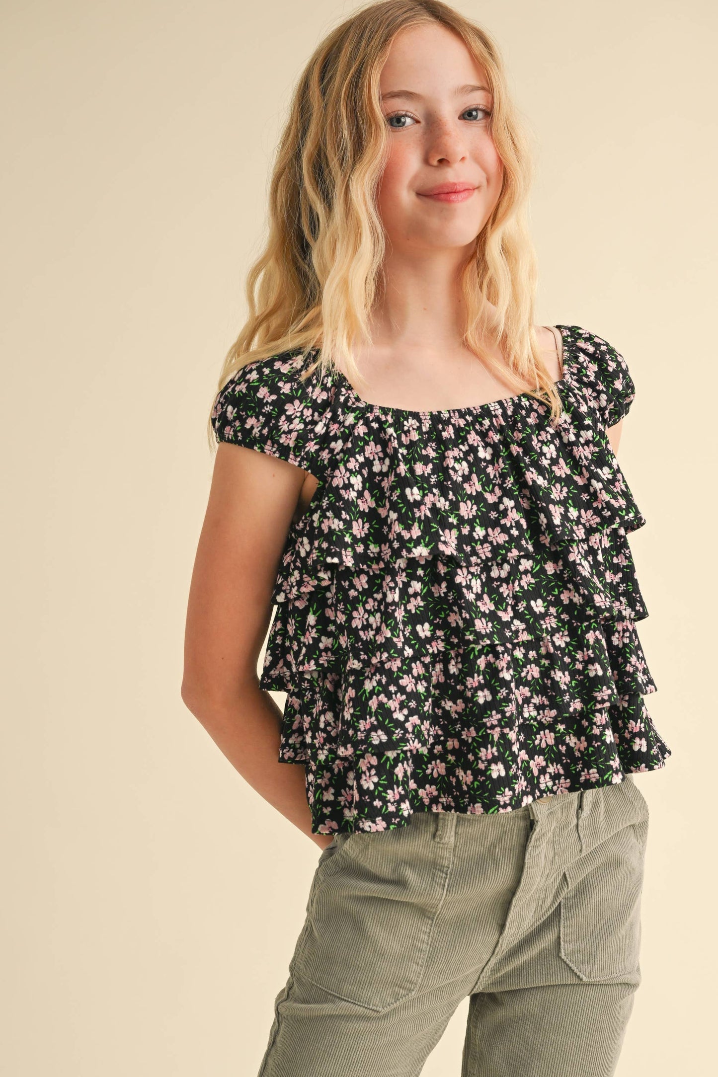 TWEEN BLACK FLORAL RUFFLE SHIRT