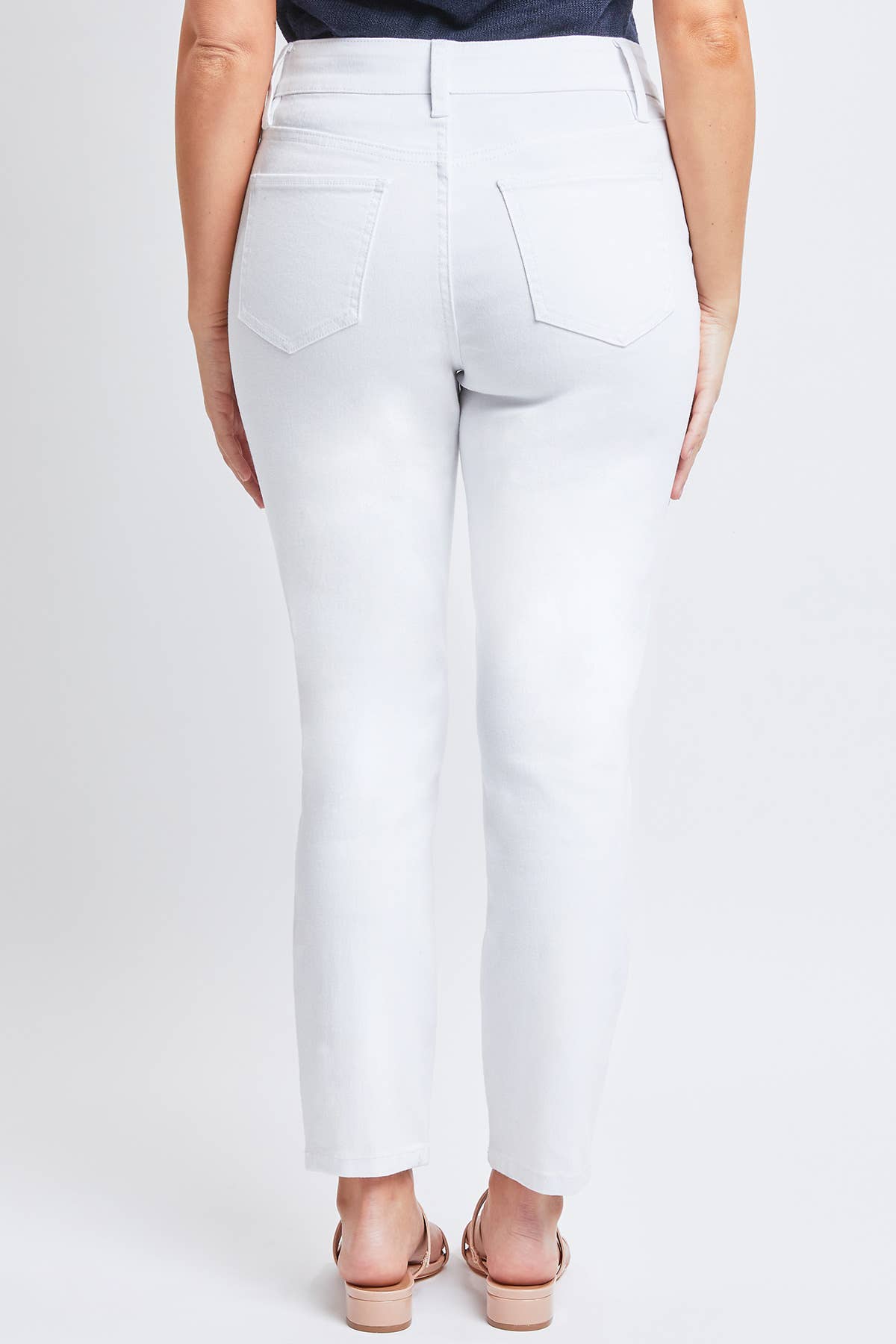 WHITE HIGH RISE BUTTON FLY TUMMY CONTROL ANKLE JEAN