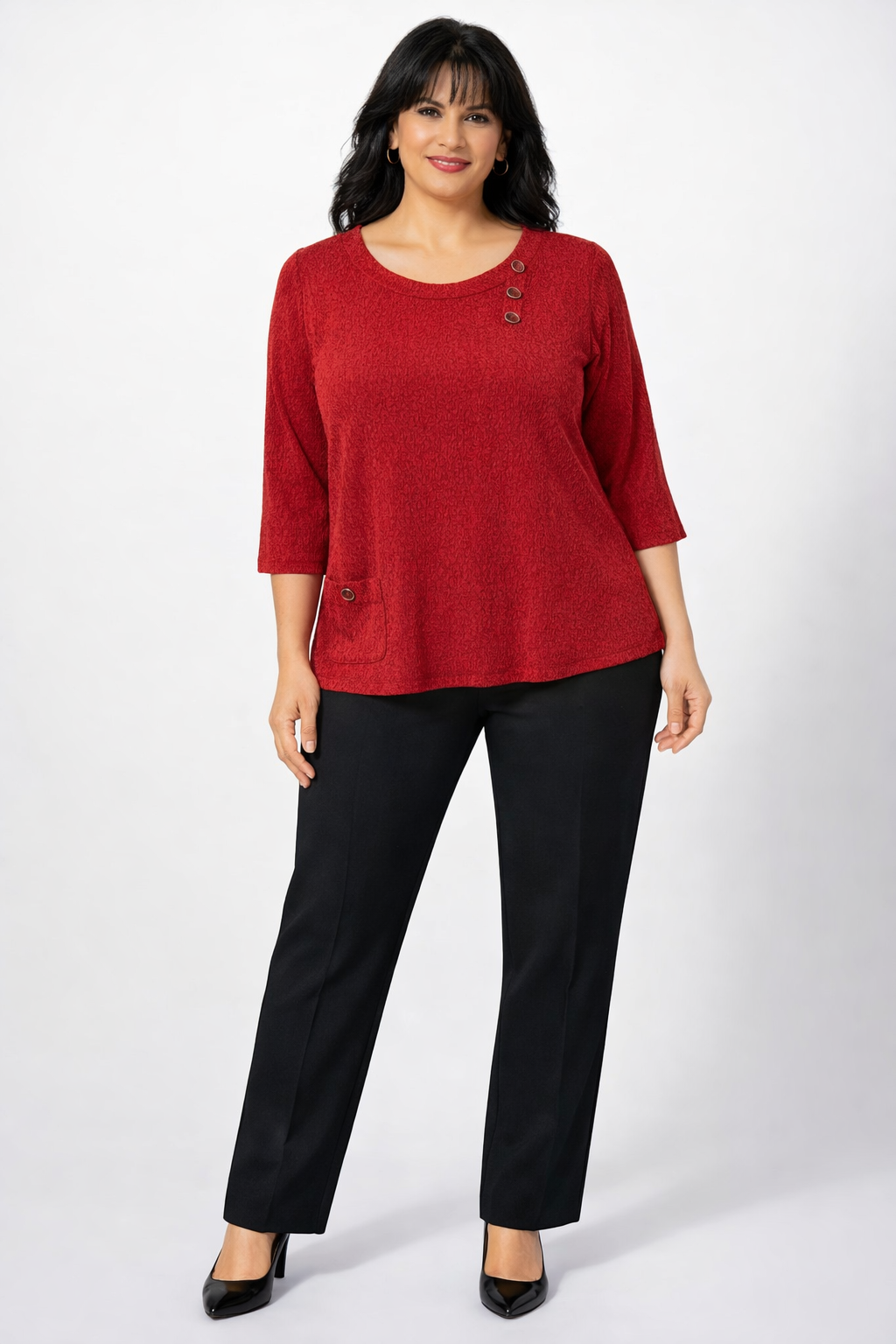 SMALL & 2 XL TANGO RED 3/4 SLLEVE BLOUSE WITH BUTTION ACCENTS