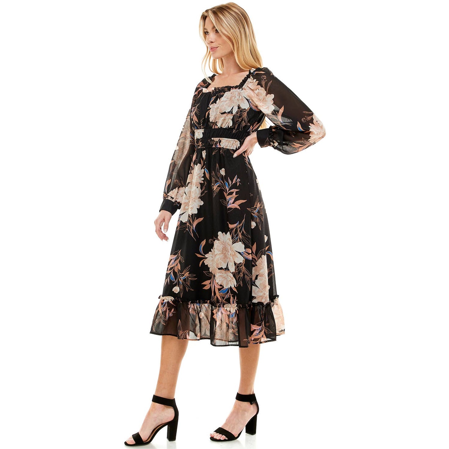 SQUARE NECK LONG SLEEVE MIDI FLORAL DRESS: BLTBL
