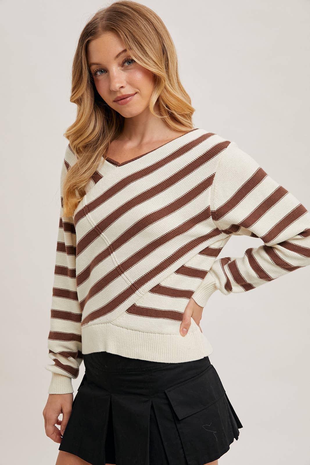MOCHA STRIPED V NECK WRAP SWEATER