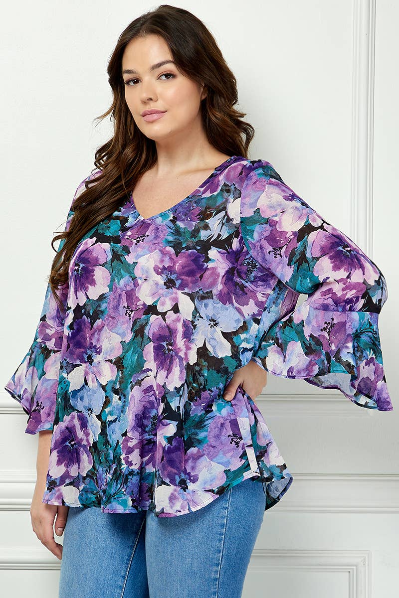 SIZE RUFFLE MISSY & PLUS V-NECK SWING BLOUSE: Navy/Purple/Teal