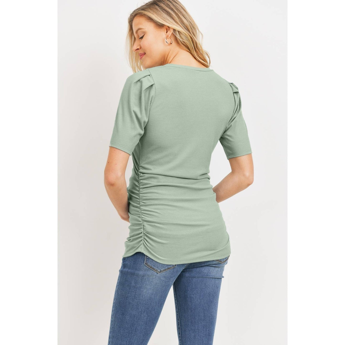 MATERNITY SAGE RIB KNIT PUFF SHORT SLEEVE RUCHED