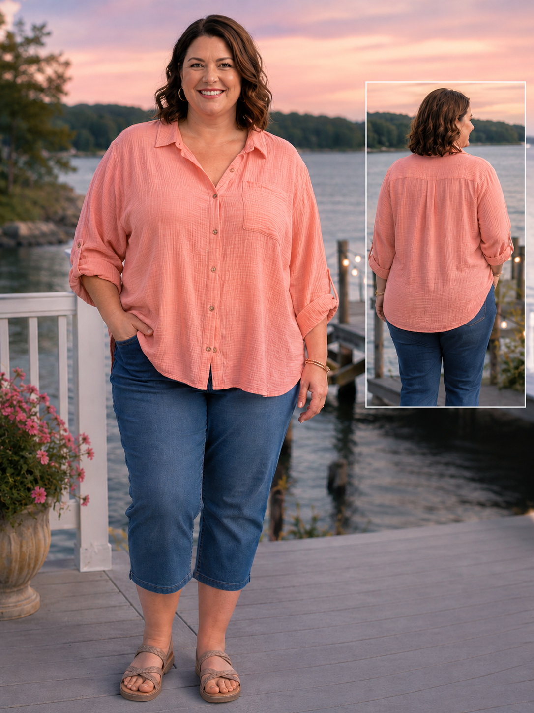 TANGERINE COASTAL COTTON BUTTON TOP MISSY & PLUS