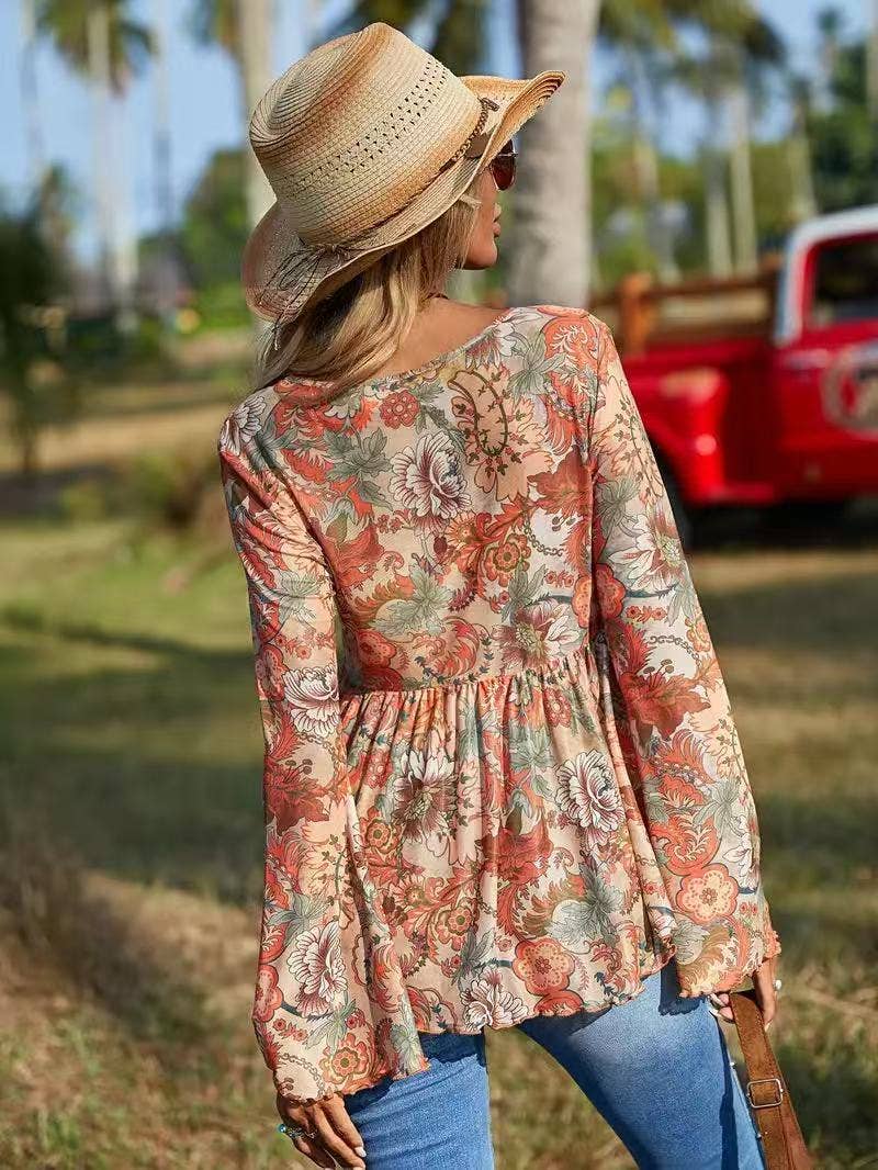 Western Printed Bell Sleeve Blouse: Orange Multi