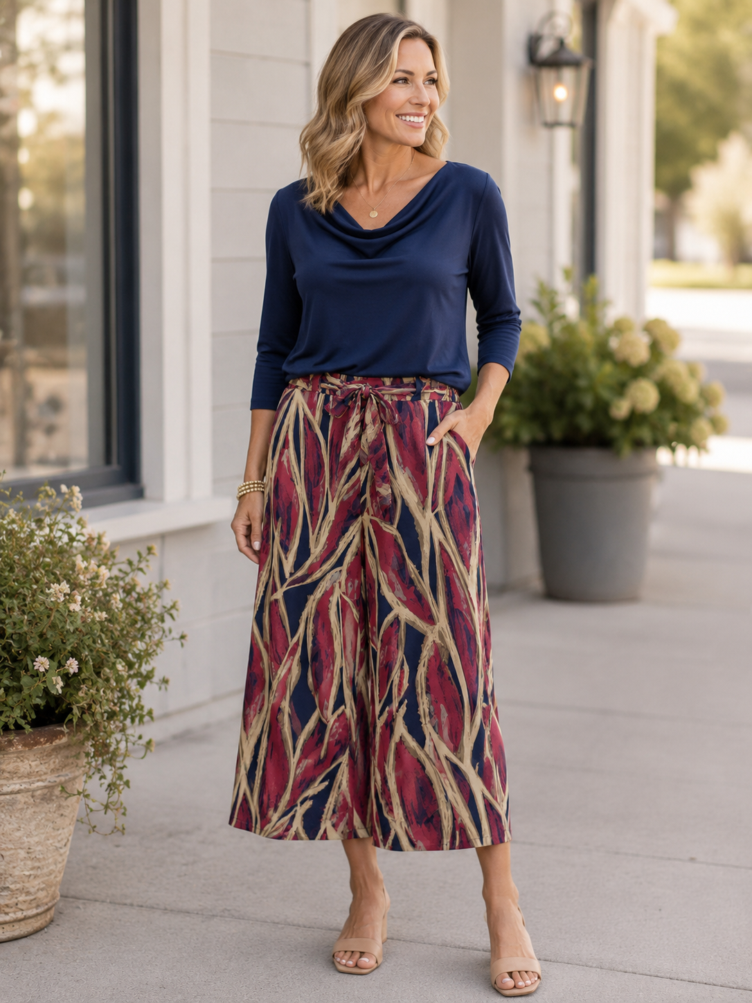 NAVY CLASSIC CHARM LONG SLEEVE COWL BLOUSE
