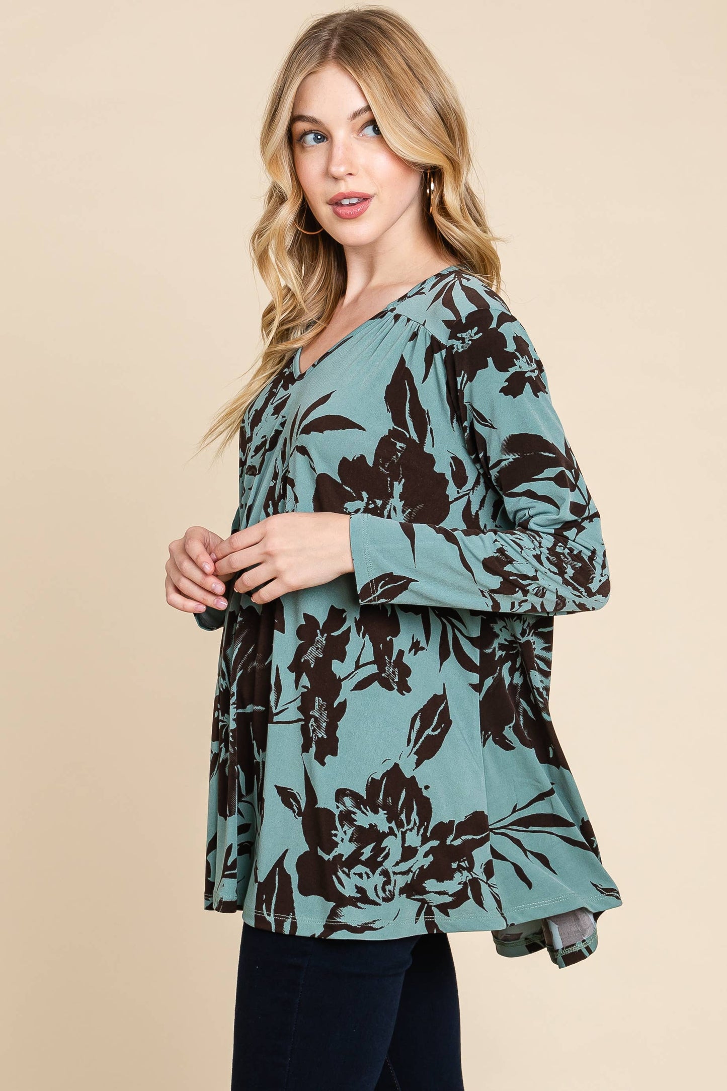3XL PLUS OLIVE/BROWN FLORAL SWING TOP