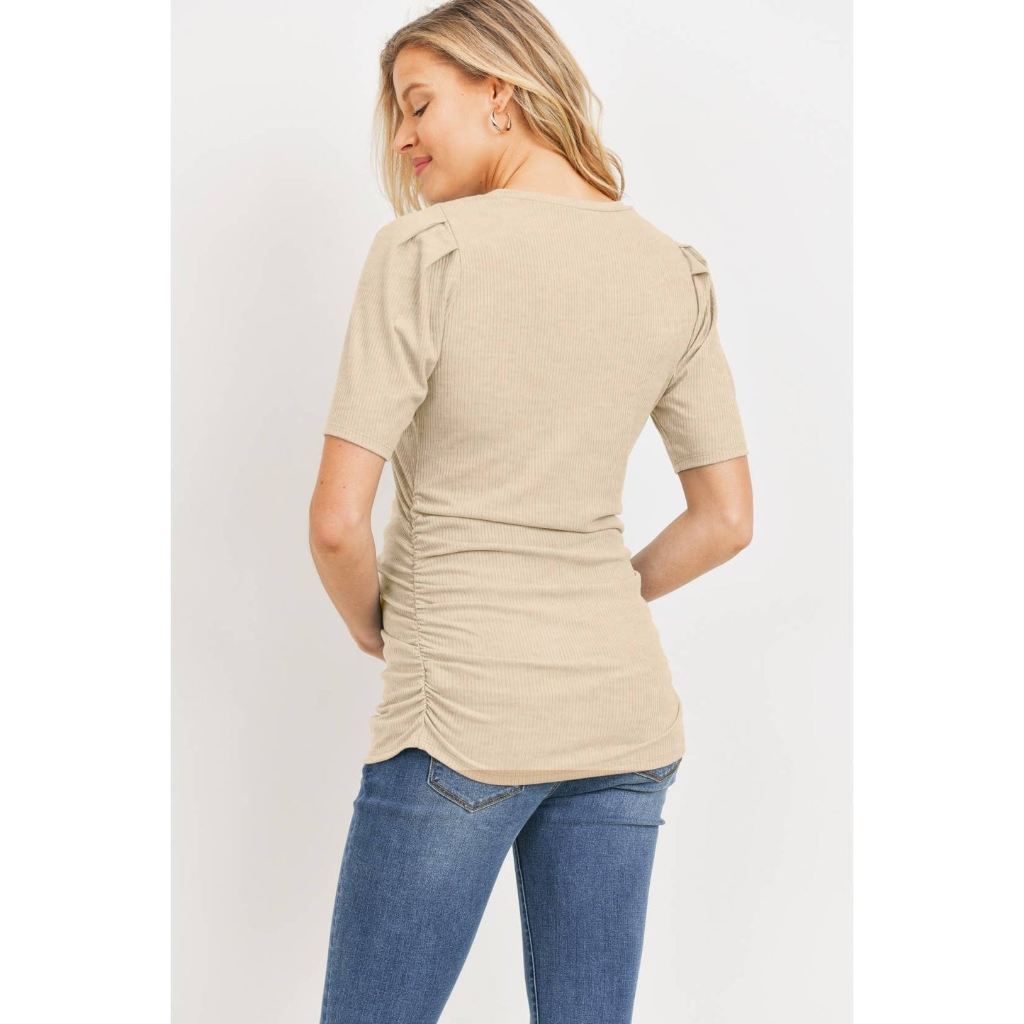 MATERNITY OATMEAL RIB KNIT PUFF SHORT SLEEVE RUCHED