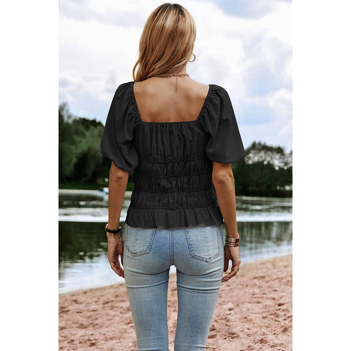 Solid Square Neck Shirred Flounce Sleeve Peplum Blouse: BLACK