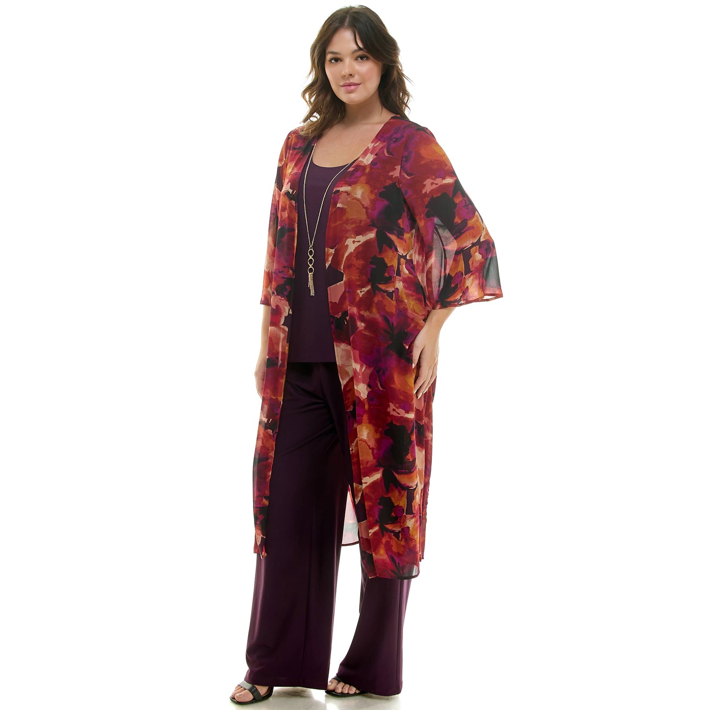 PLUS AND REGULAR SIZE 3PC CARDIGAN TANK, PANT NECKLACE SET: Eggplant/Plum/Rust