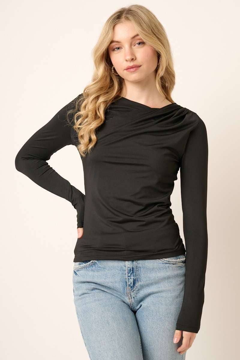 BLACK WRAP NECK LONG SLEEVE