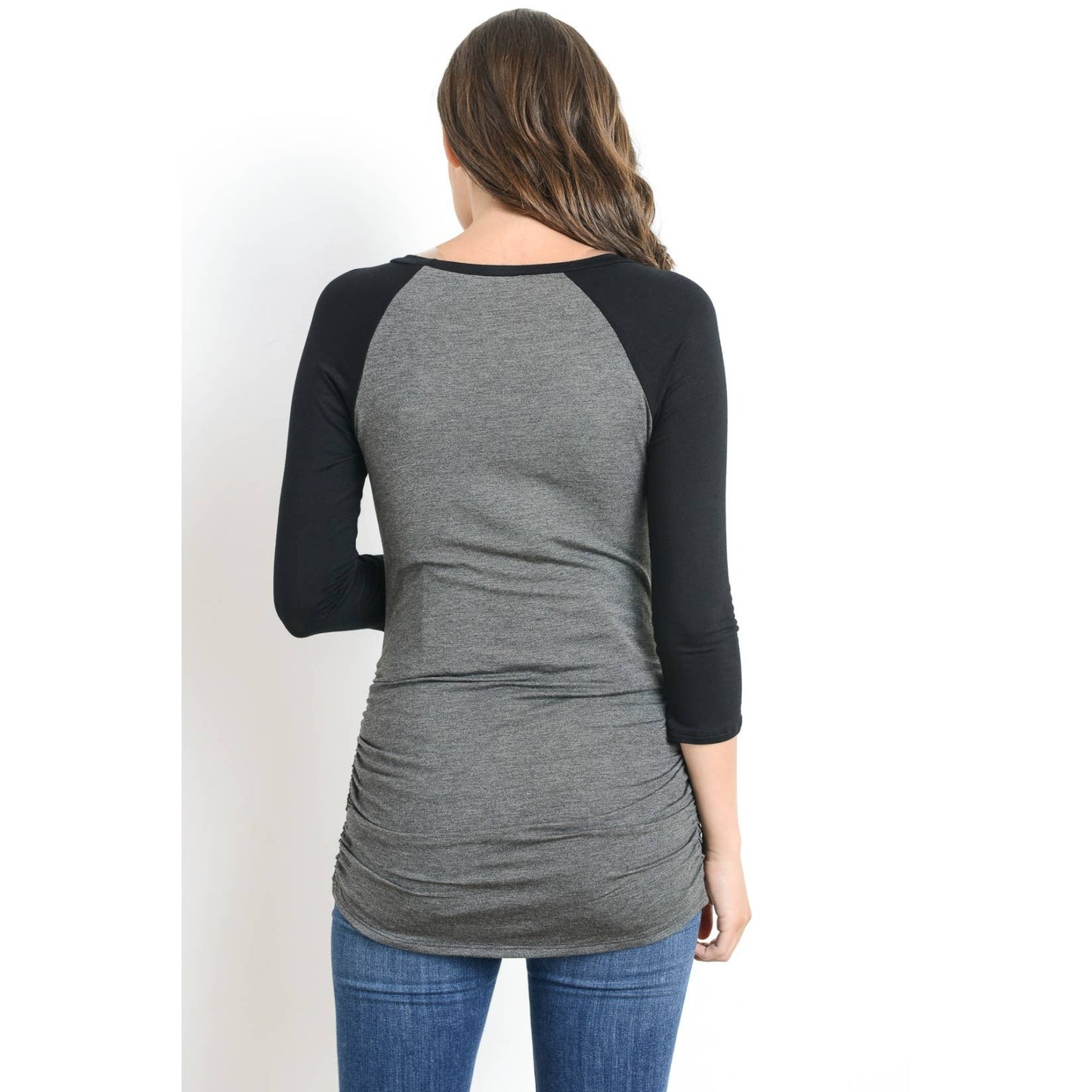 MATERNITY RAGLAN 3/4 SLEEVE RUCHED TOP