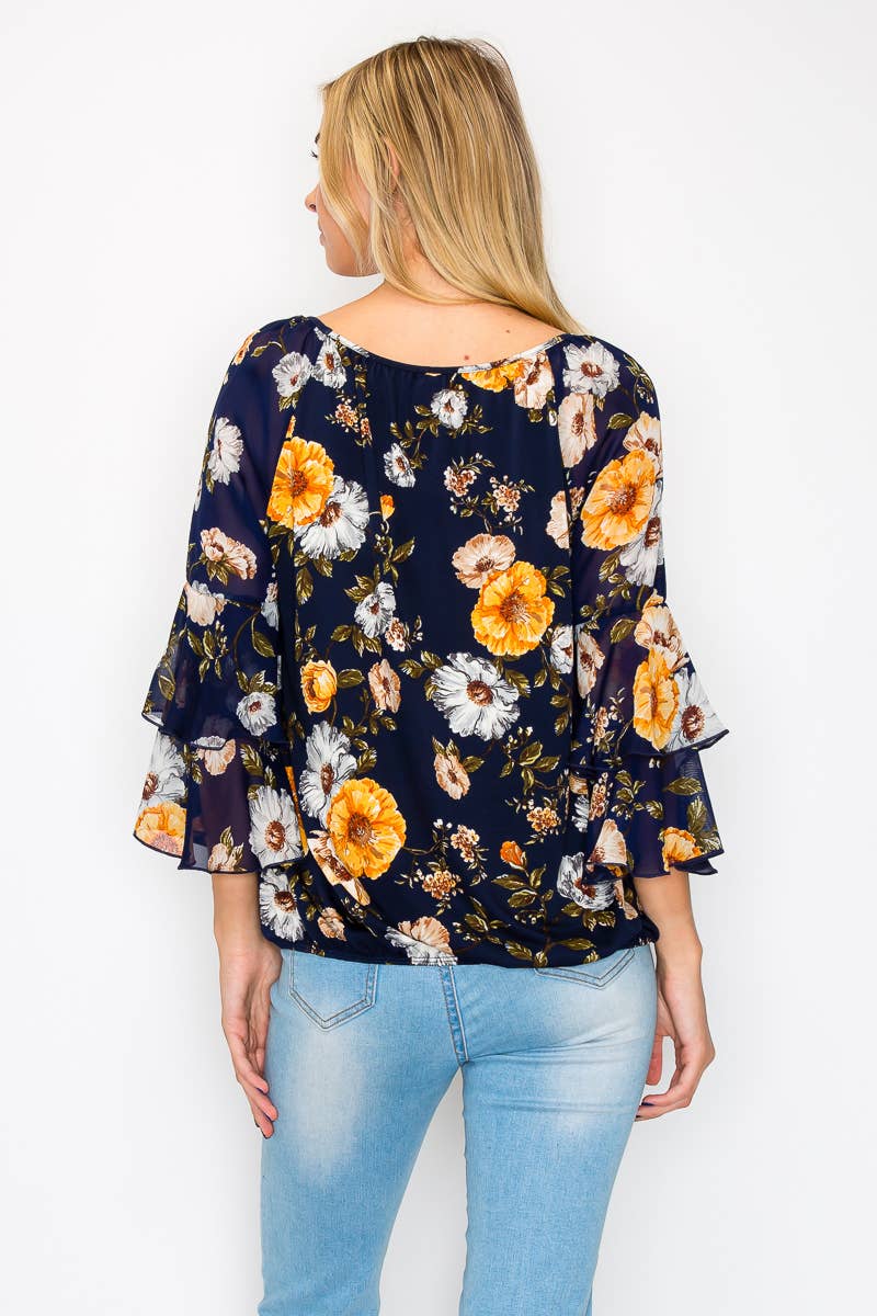 NAVY FLORAL SCOOP NECK FLOUNCE RUFFLED SLEEVE BLOUSE
