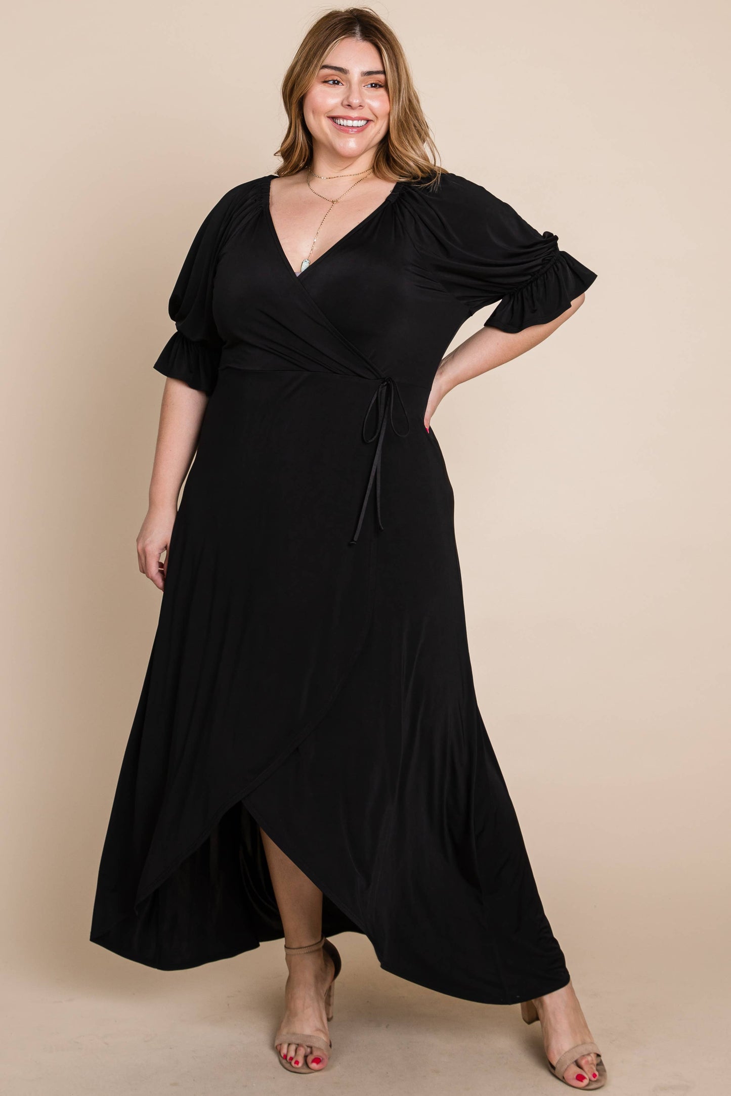 Plus Solid Venezia Faux Wrap Dress Black