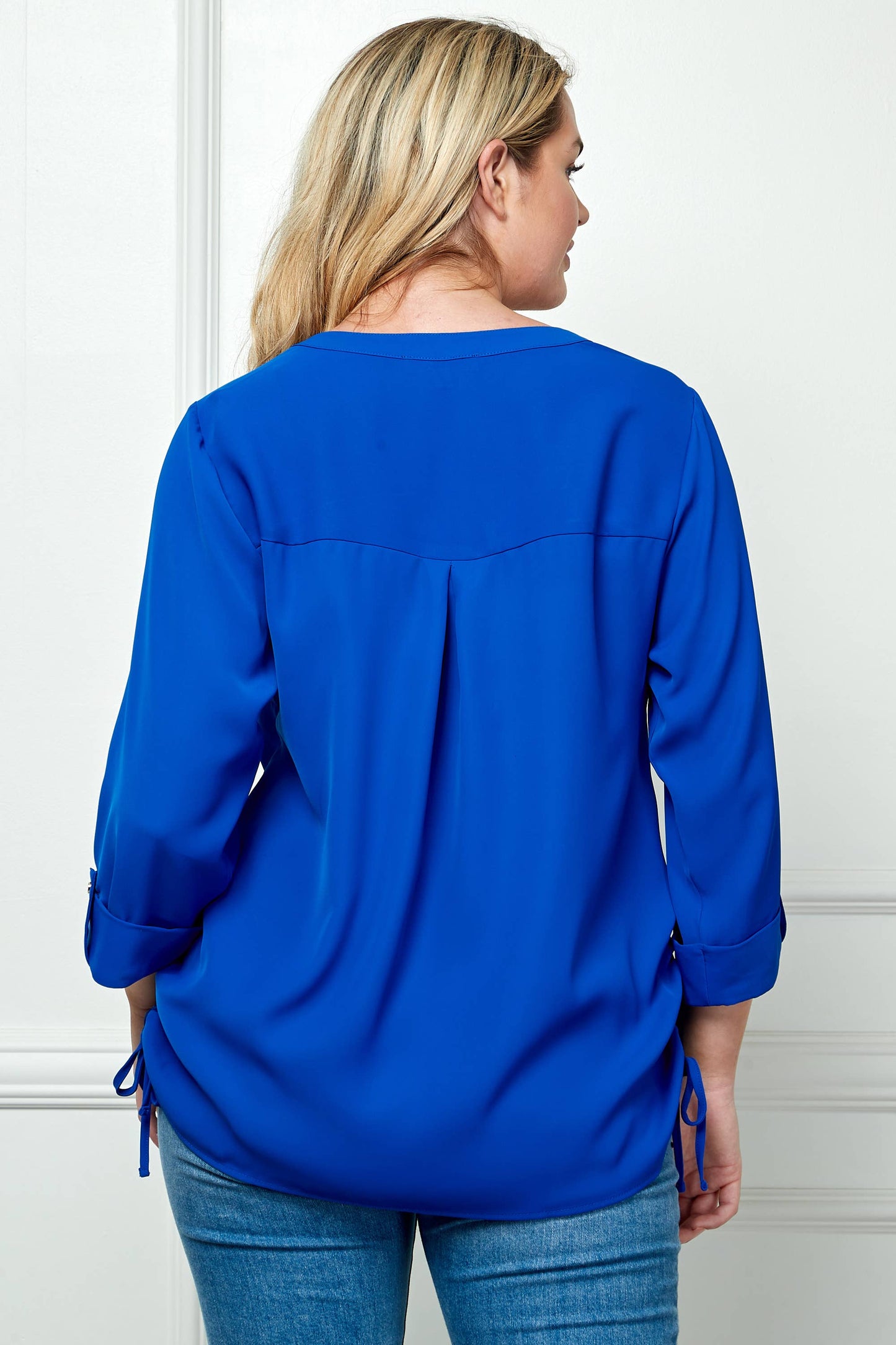 PLUS SIZE TAB SLEEVE MANDARIN COLLAR SHIRT: ROYAL