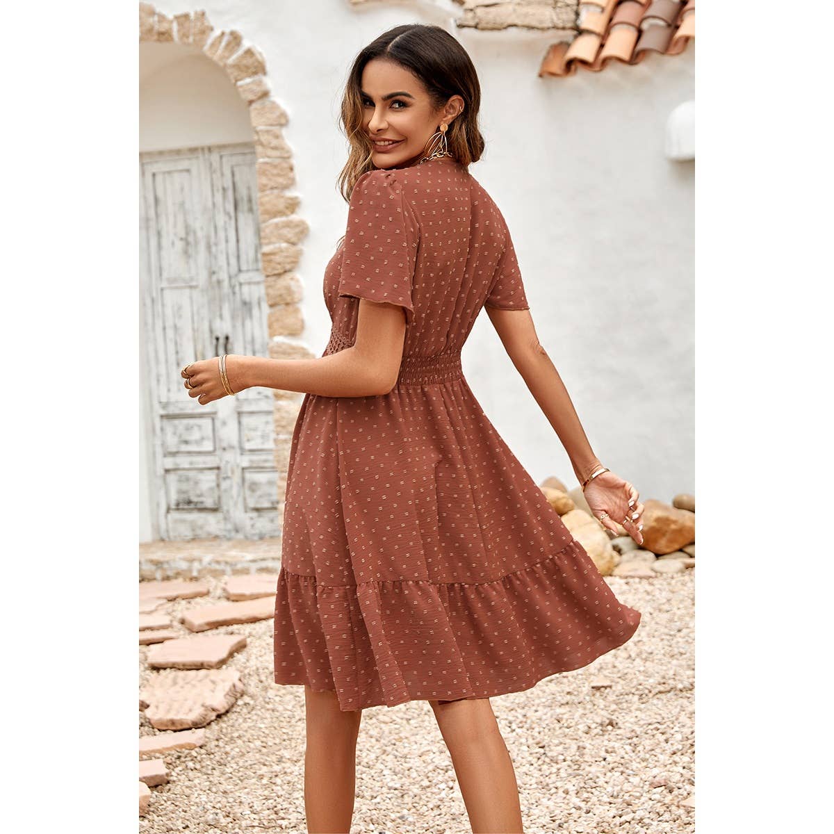 X Large Swiss Dot Cutout Ruffle V Neck Puff Sleeve Dress: Rust