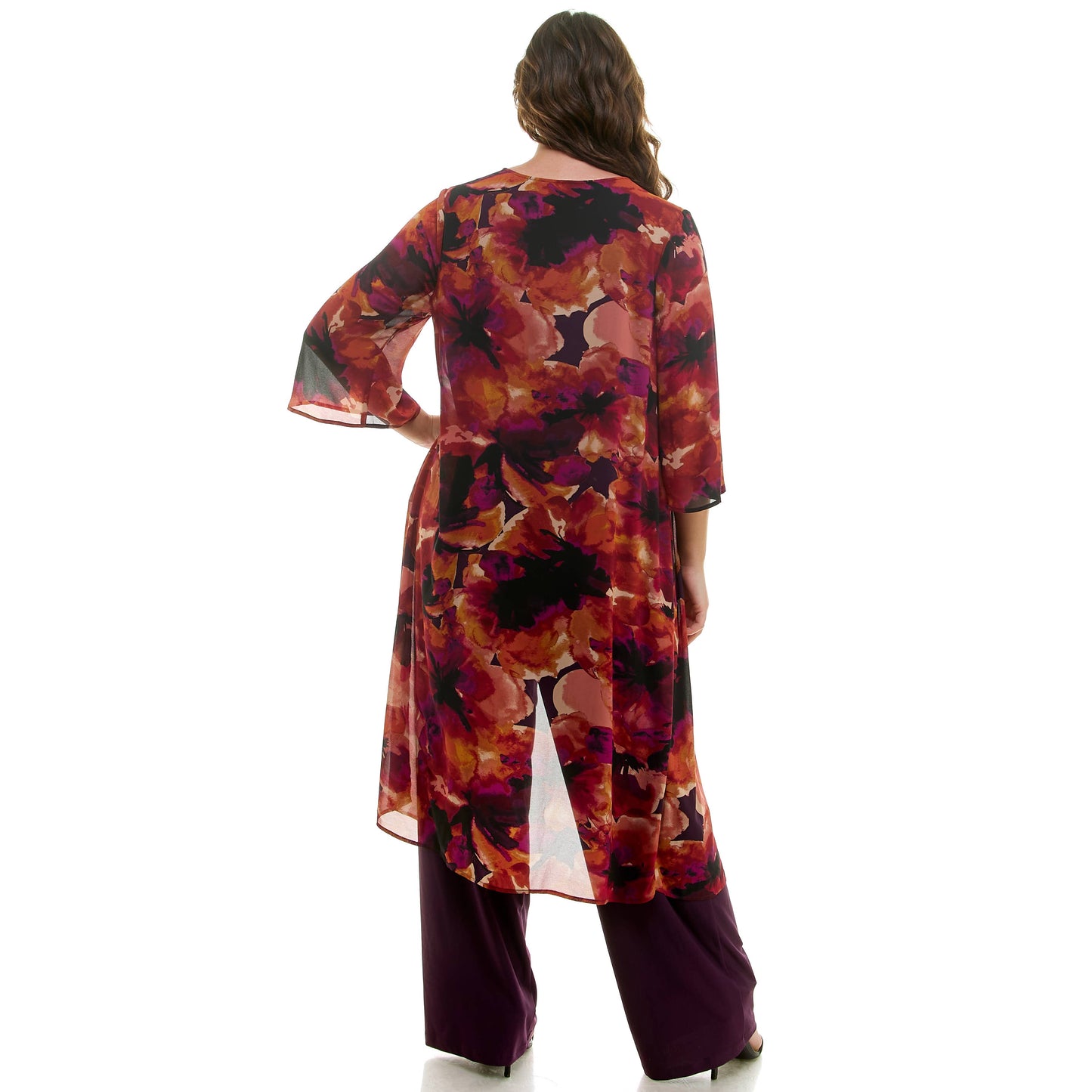 PLUS AND REGULAR SIZE 3PC CARDIGAN TANK, PANT NECKLACE SET: Eggplant/Plum/Rust
