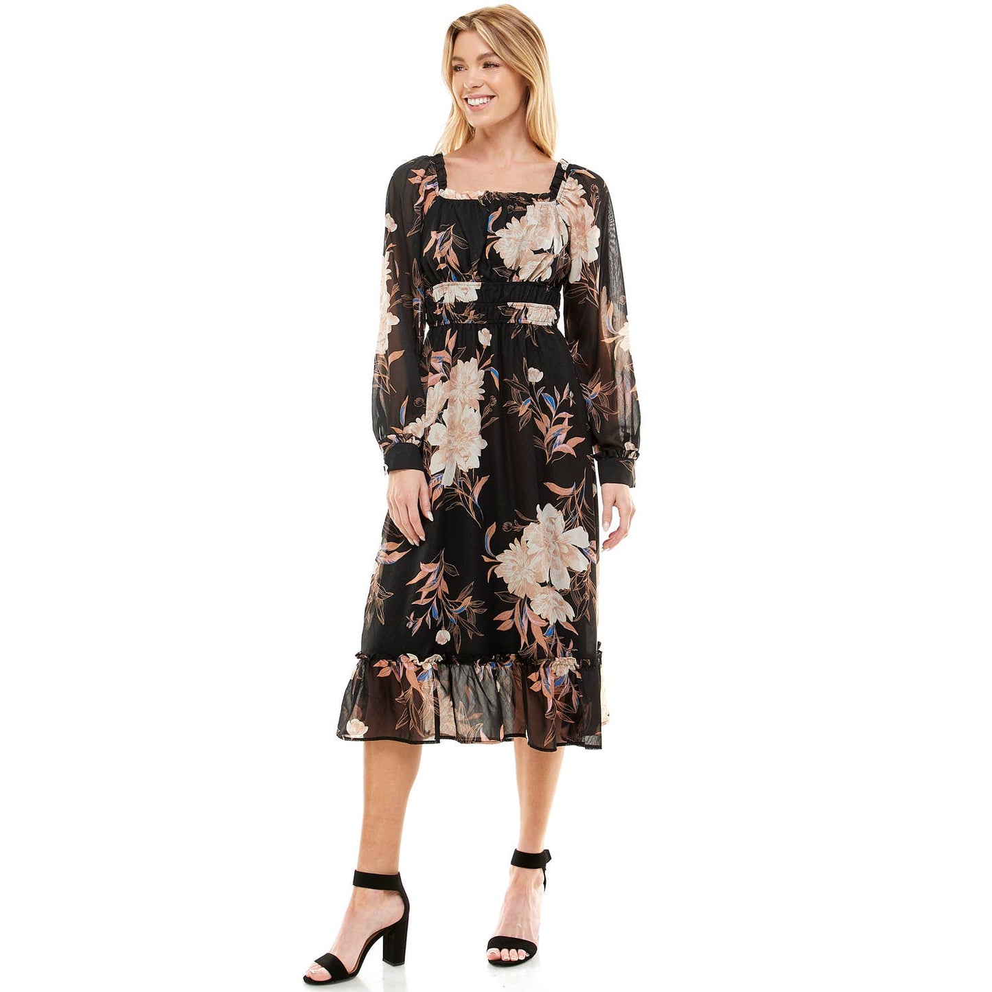 SQUARE NECK LONG SLEEVE MIDI FLORAL DRESS: BLTBL