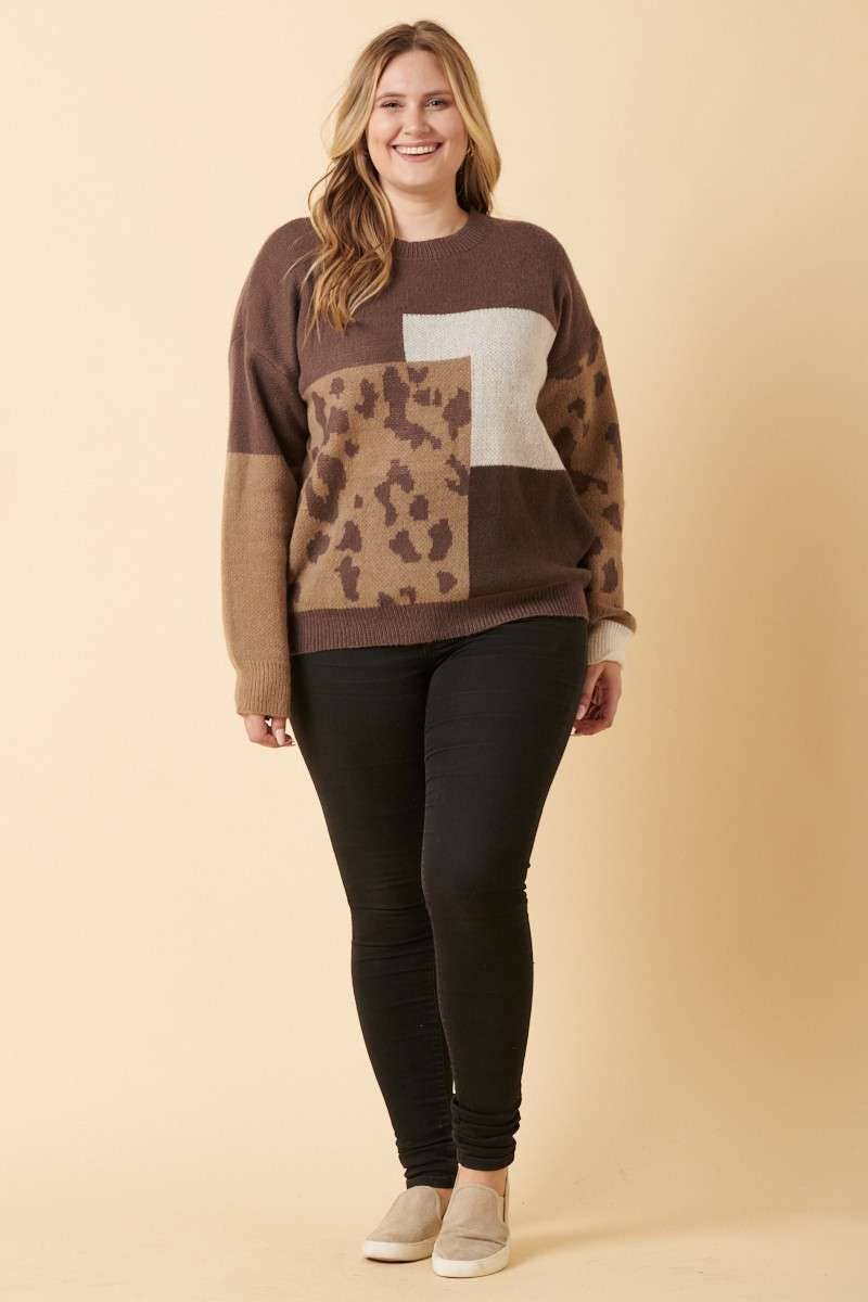 PLUS 2XL ANIMAL PRINT COLOR BLOCK SWEATER MOCHA COMBO