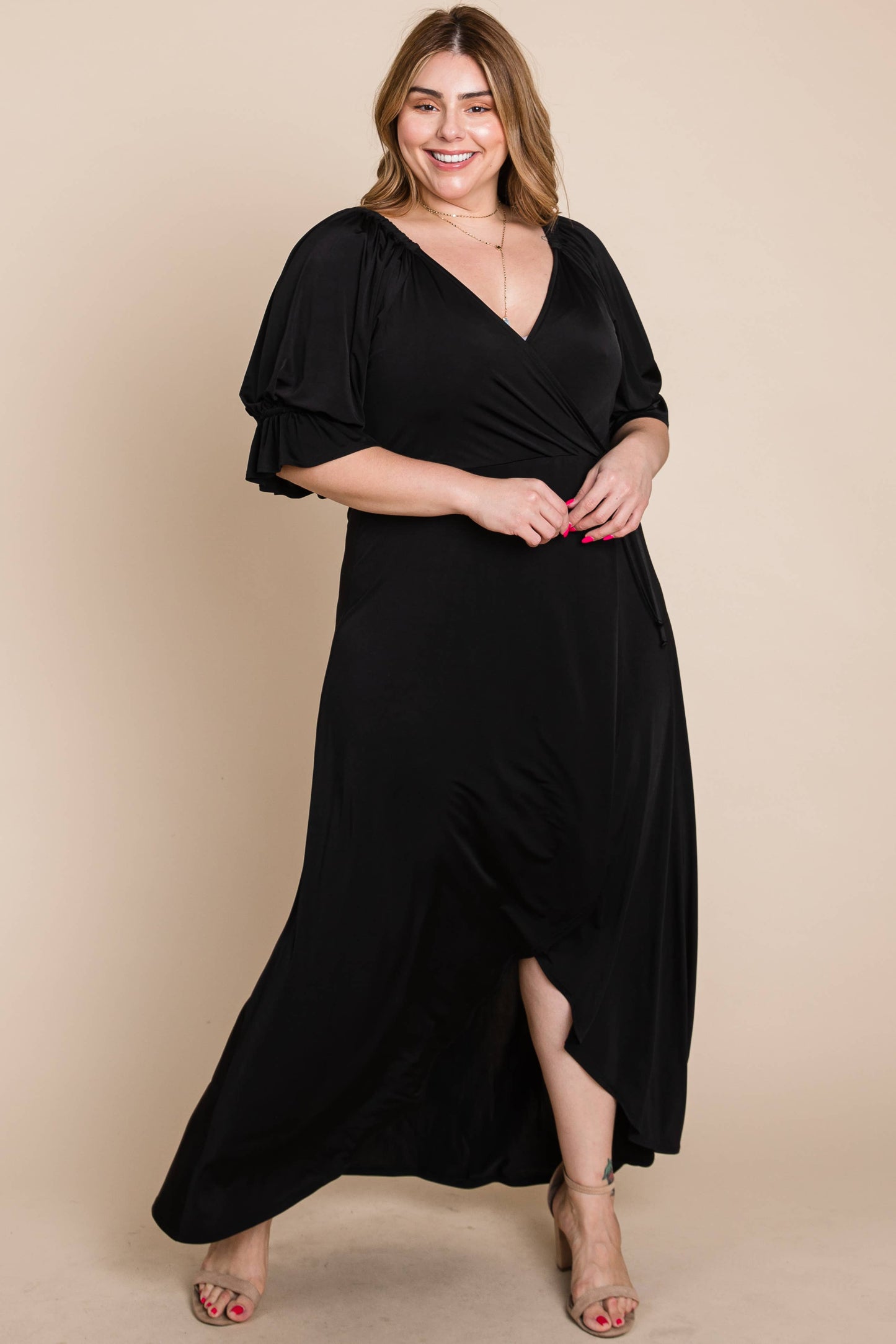 Plus Solid Venezia Faux Wrap Dress Black
