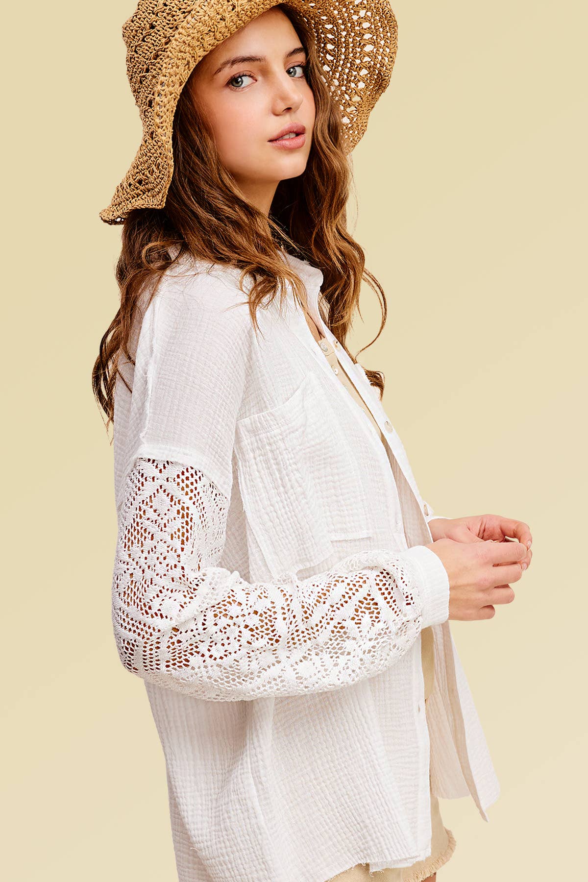 WHITE GAUZE LACE LONG SLEEVE