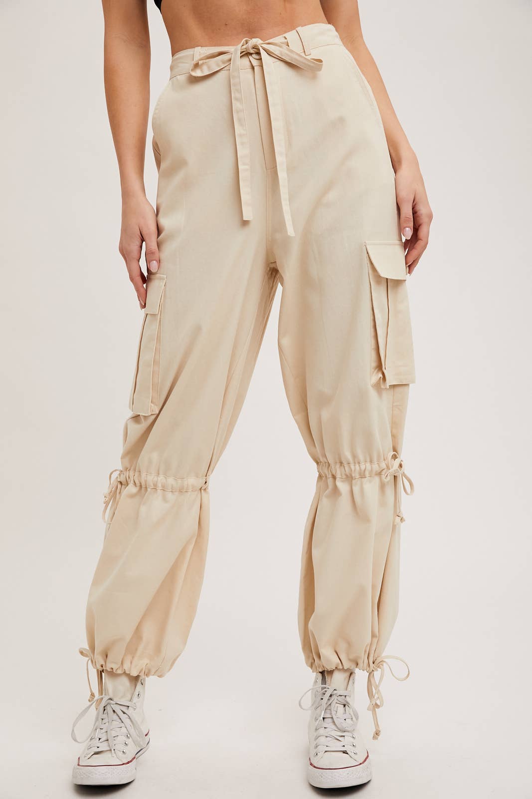 ECRU HIGH-RISE DRAWSTRING CARGO WIDE LEG PANTS