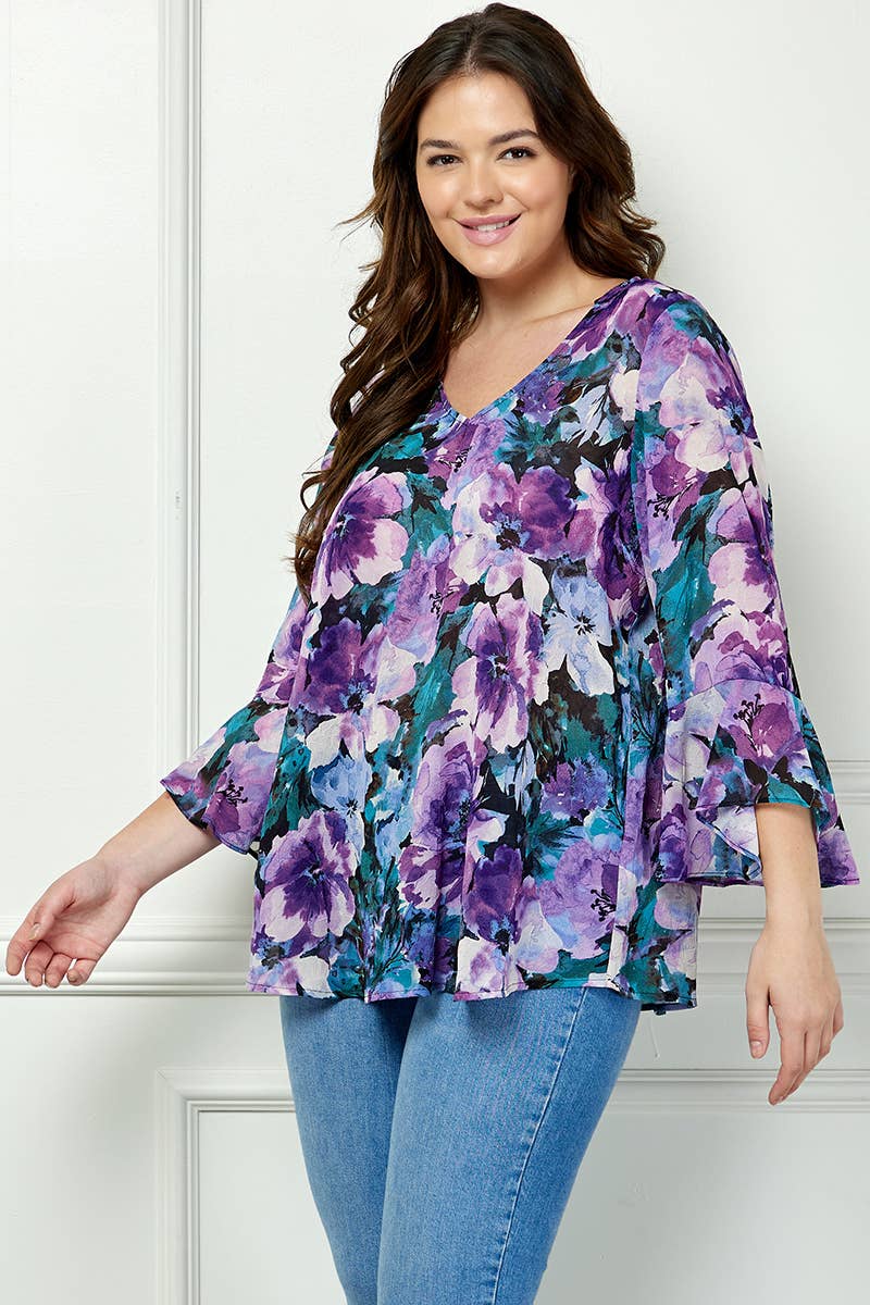 SIZE RUFFLE MISSY & PLUS V-NECK SWING BLOUSE: Navy/Purple/Teal