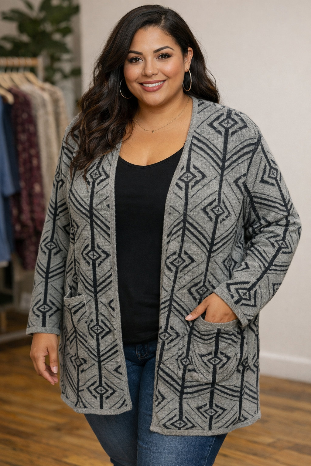 MISSY & PLUS GREYS AZTEC CARDIGAN
