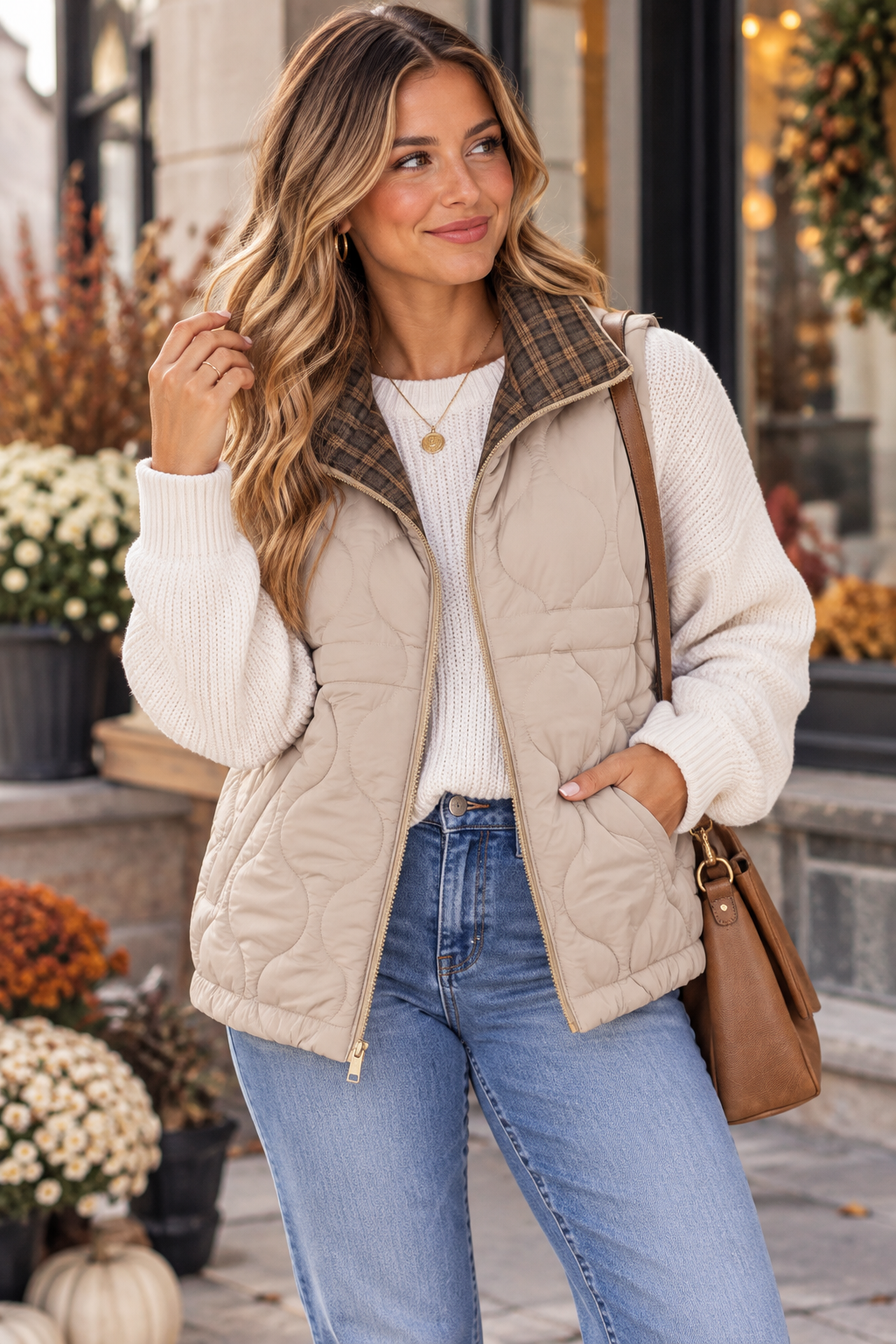 CHAMPAGNE PLAID PEEK QUILTED VEST