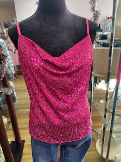 GLITTERY HOT PINK COWL NECK TANK