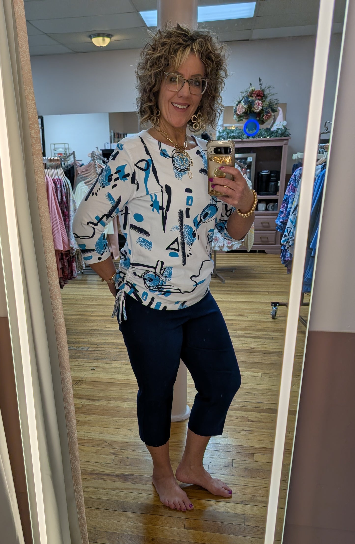 WHITE GLACIER NAVY 3/4 SLEEVE CINCHED