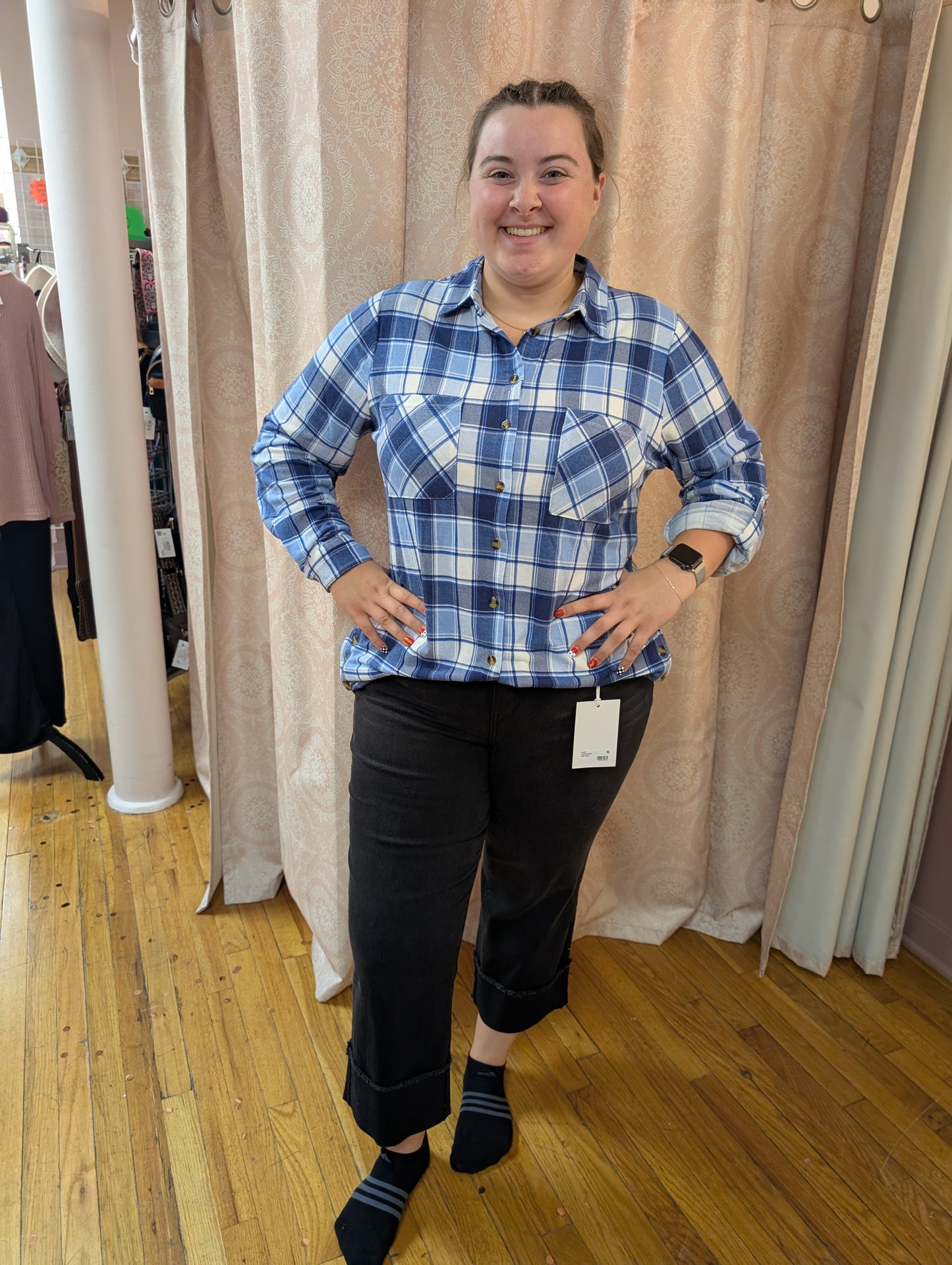 PLUS DENIM BLUE PLAID BUTTERY SOFT BUTTON UP