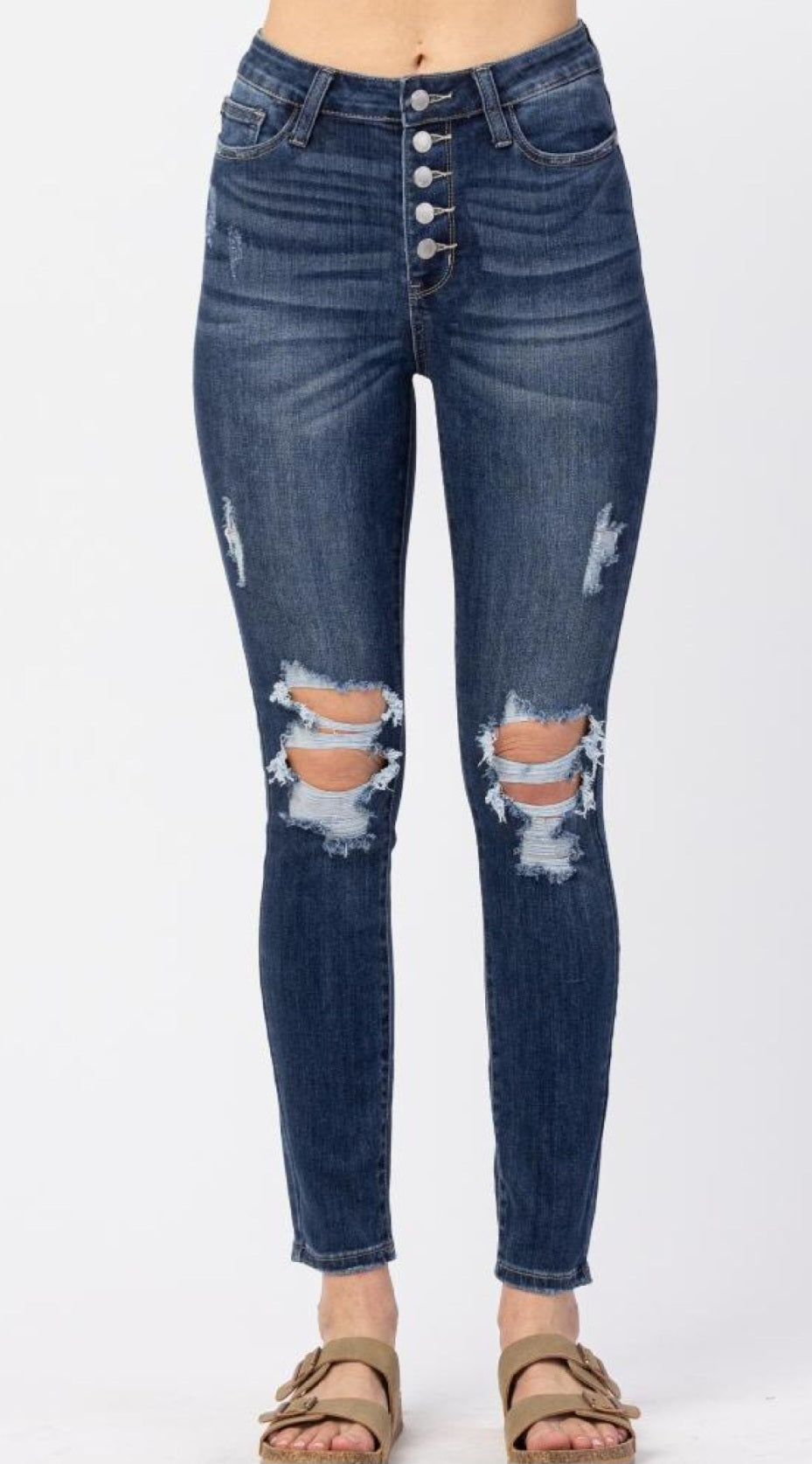 PLUS JUDY BLUE 20W DARK DISTRESSED BUTTON UP SKINNY FIT ANKLE