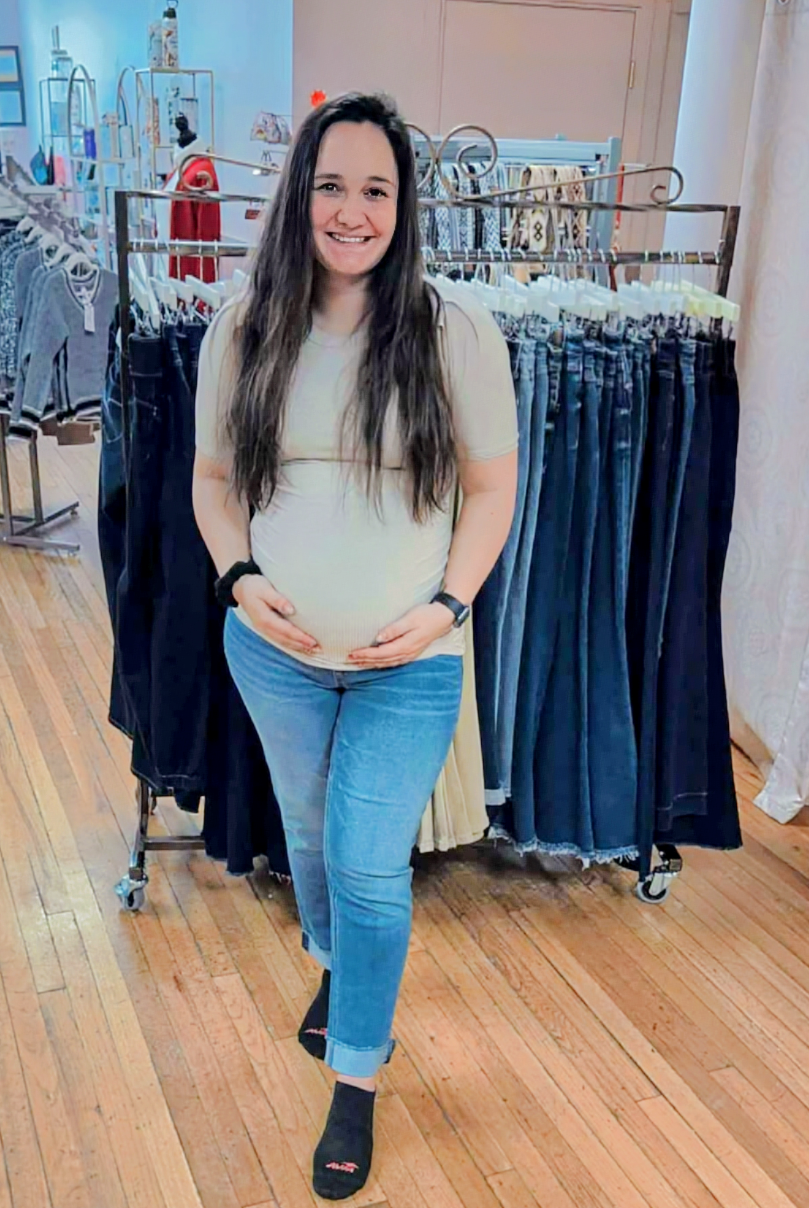 MATERNITY OATMEAL RIB KNIT PUFF SHORT SLEEVE RUCHED