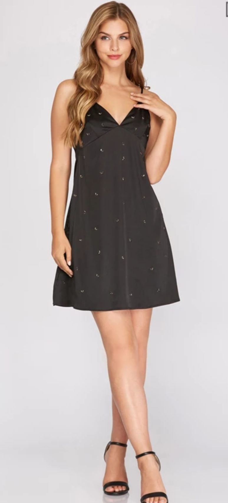 BLACK SATIN CAMI BEAD DRESS