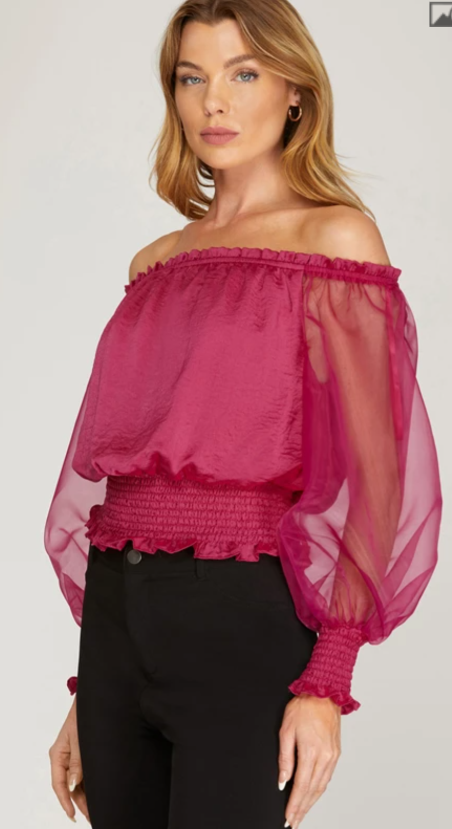 FUCHSIA ORGANZA PUFF SLEEVE WITH SMOCKED WAIST
