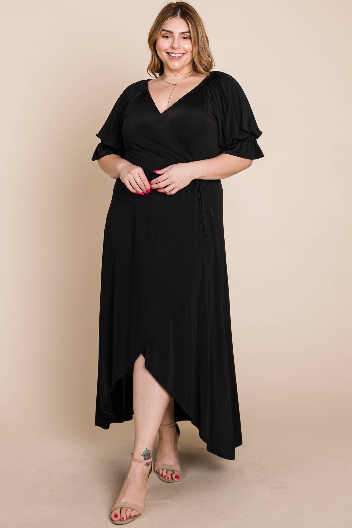 Plus Solid Venezia Faux Wrap Dress Black