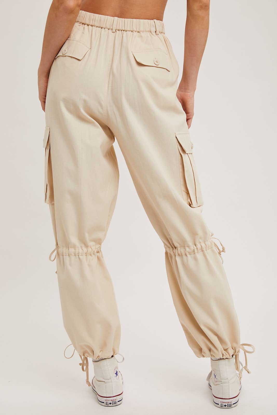 ECRU HIGH-RISE DRAWSTRING CARGO WIDE LEG PANTS