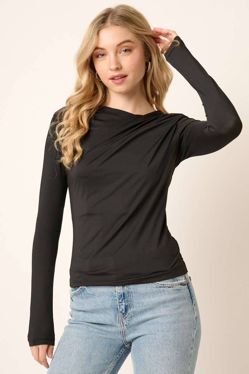 BLACK WRAP NECK LONG SLEEVE