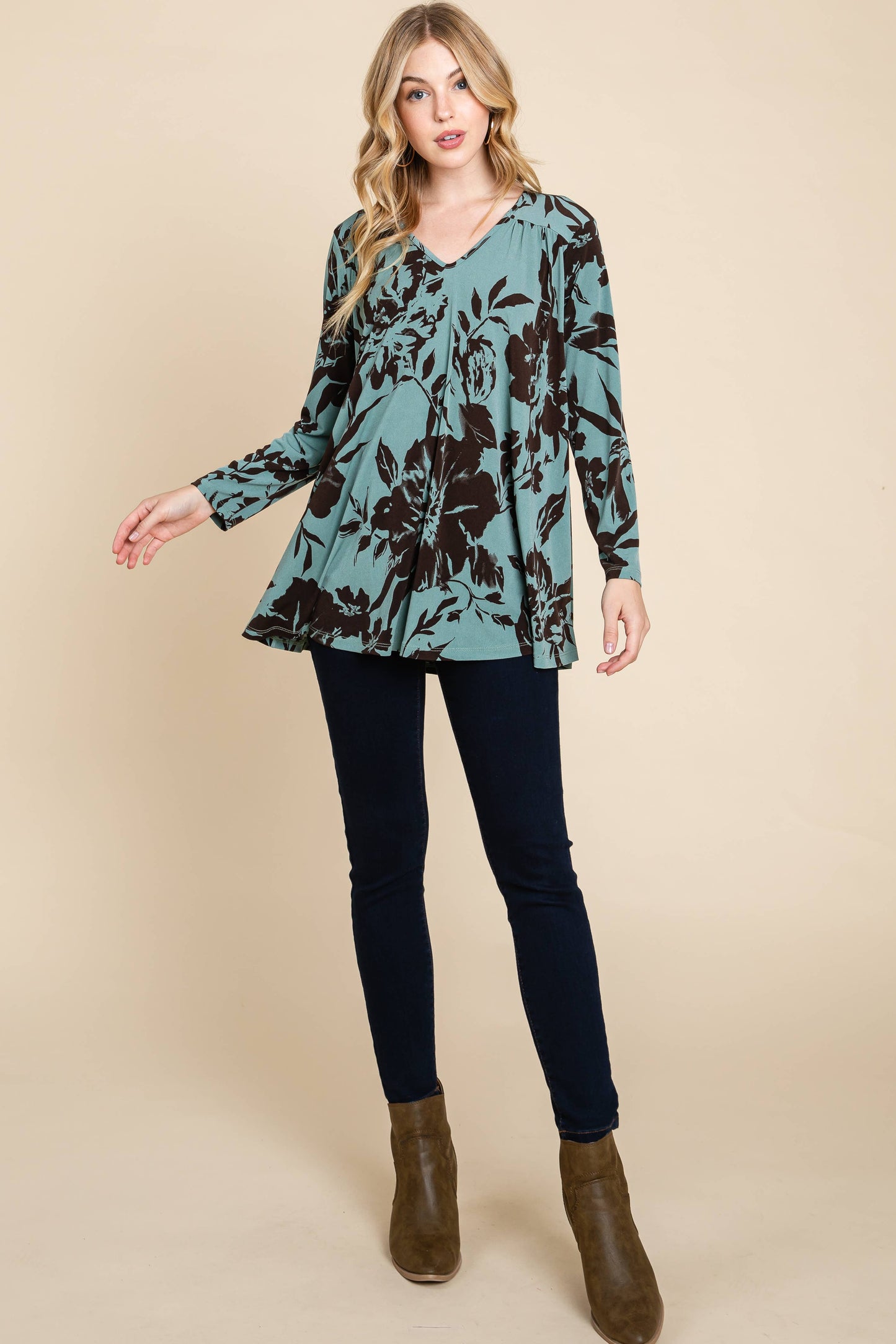 3XL PLUS OLIVE/BROWN FLORAL SWING TOP