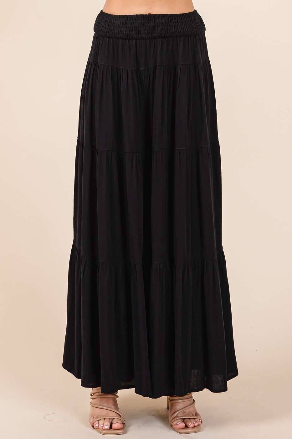 BLACK TIER DETAIL SMOCKED ELASTIC WAIST WIDE LEG PANTS