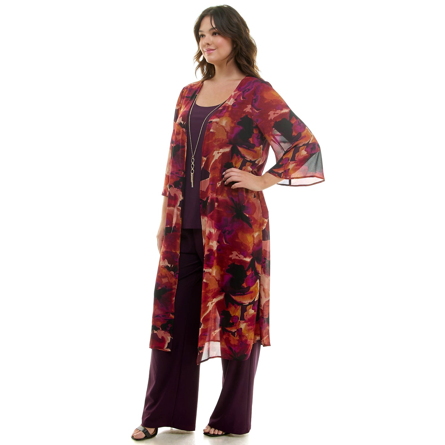 PLUS AND REGULAR SIZE 3PC CARDIGAN TANK, PANT NECKLACE SET: Eggplant/Plum/Rust