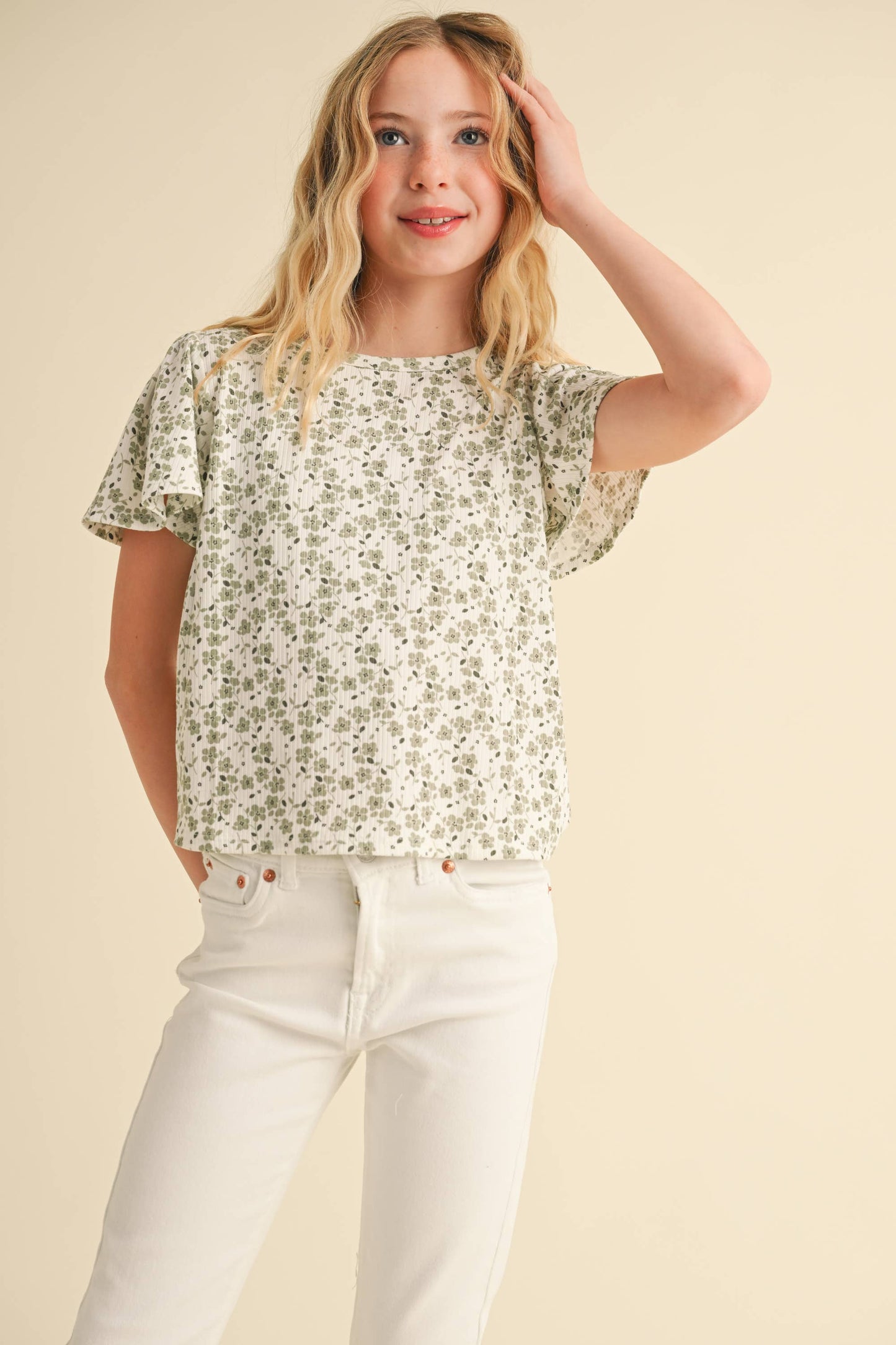 TWEEN ROUND NECK FLUTTER SLV BOXY CROPPED TOP (7-14)