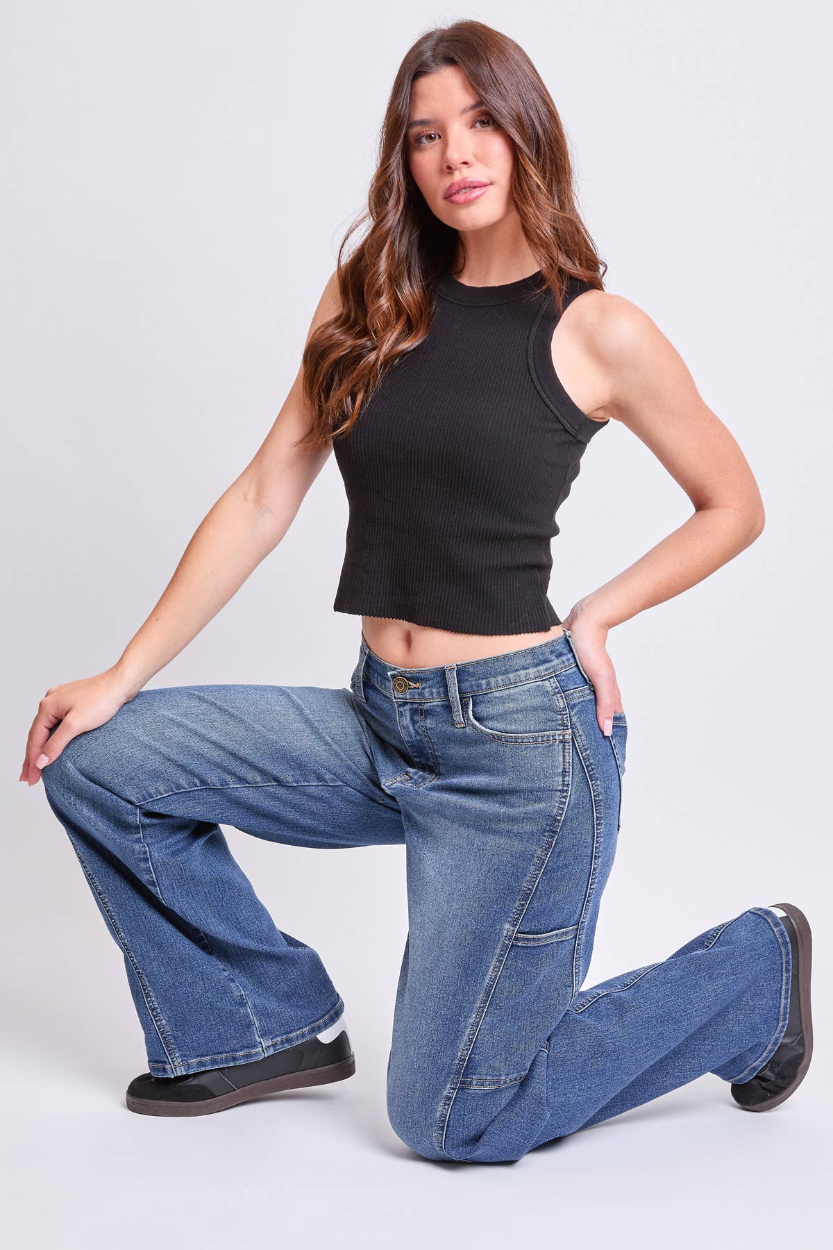 Junior High Rise Seam Front Cargo Wide Leg: Medium Wash