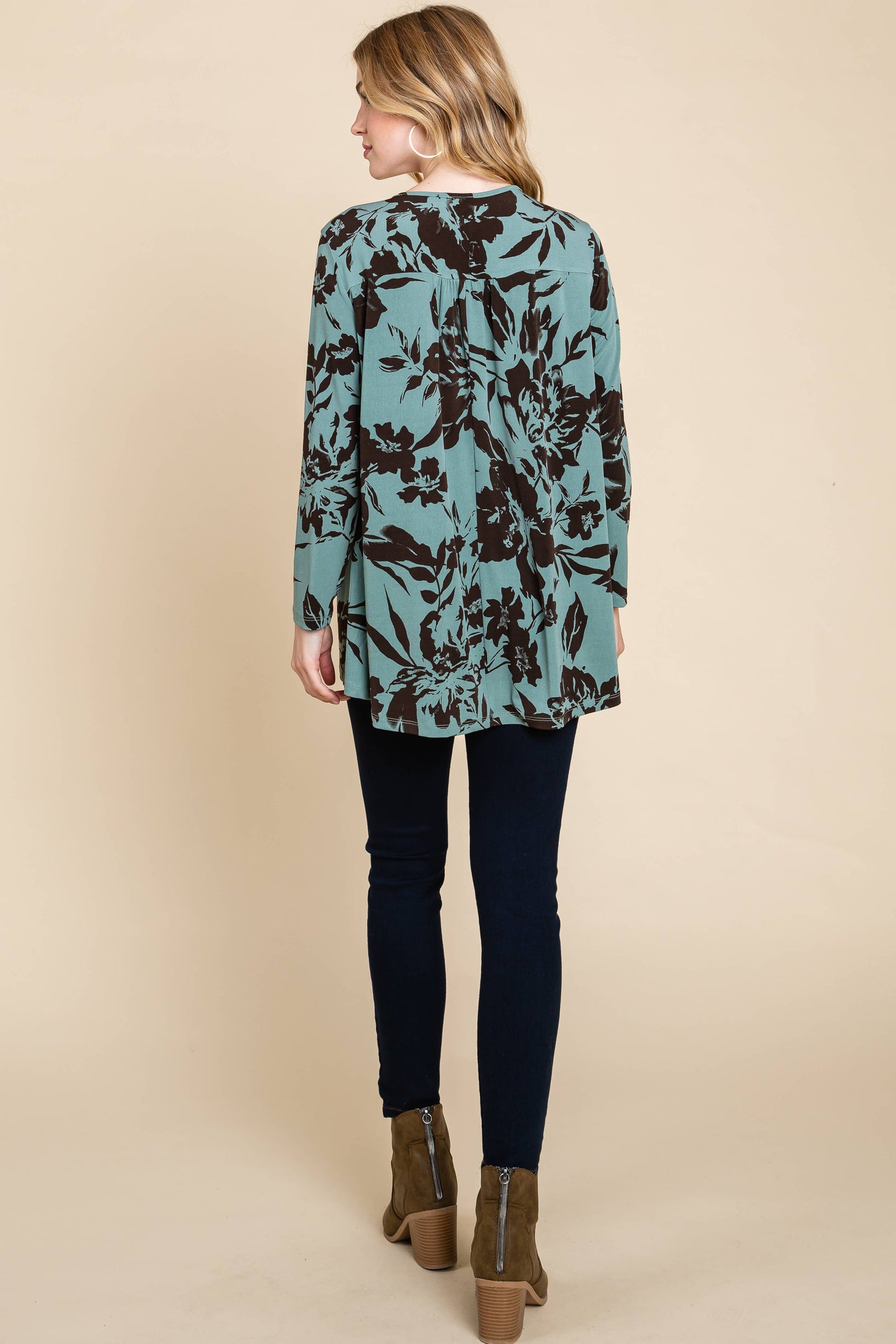 3XL PLUS OLIVE/BROWN FLORAL SWING TOP
